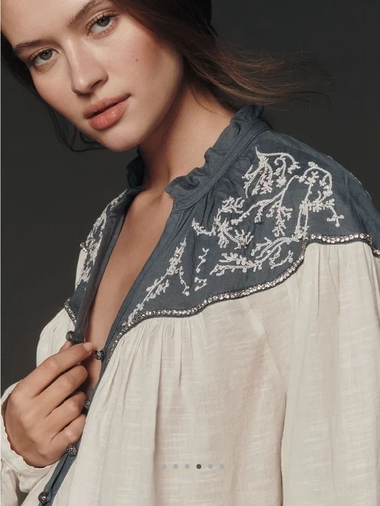 Anthropologie Puff-Sleeve Embroidered Buttondown Blouse Pilcro NEW 2X Ivory - Picture 2 of 16